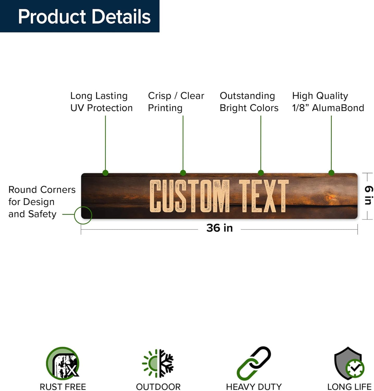 Custom Sign, Custom Street Sign, 11 Font Colors, 13 Font Styles, 4 Hole Options, 22 Sizes, 6x36