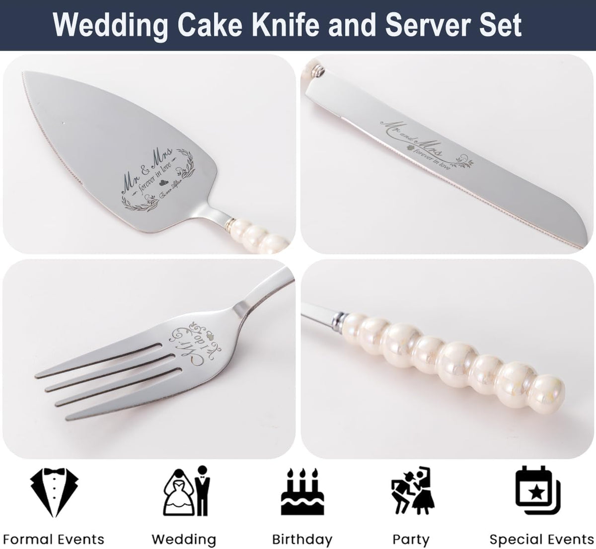 Wedding Cake Knife and Server Set, Ceramic Pearl Handle Cake Cutting Set for Wedding Gifts Bridal