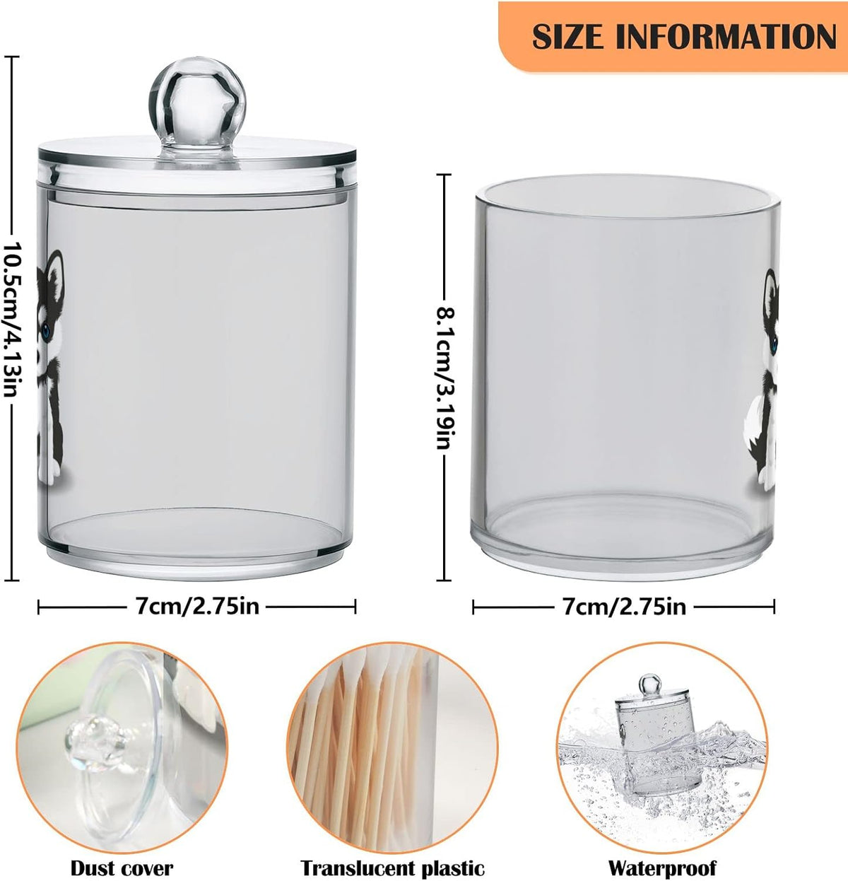 2 Pack Qtip Dispenser Apothecary Jars Dog Bathroom Organizer, Siberian Husky Puppy Qtip Holder
