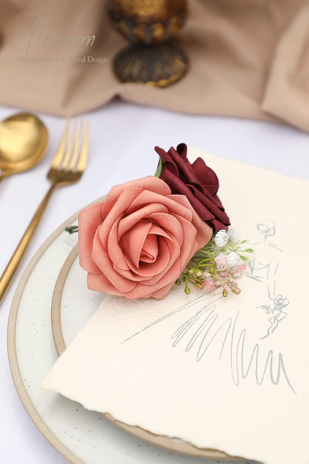 Floroom Artificial Flowers 25pcs Real Looking Burgundy & Pinky Cedar Foam Fake Roses with Stems for
