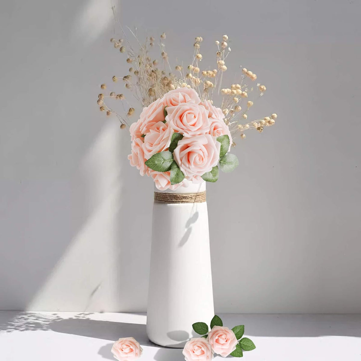 AmyHomie Artificial Flowers Blush Pink Rose 100pcs Real Looking Fake Roses w/Stem for DIY Wedding