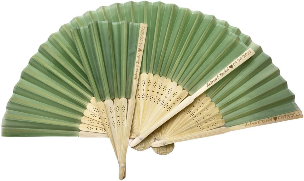 Personalized Wedding Fans Handheld Folding Fans (10Pcs) - Custom Engraved Green Silk Fans for
