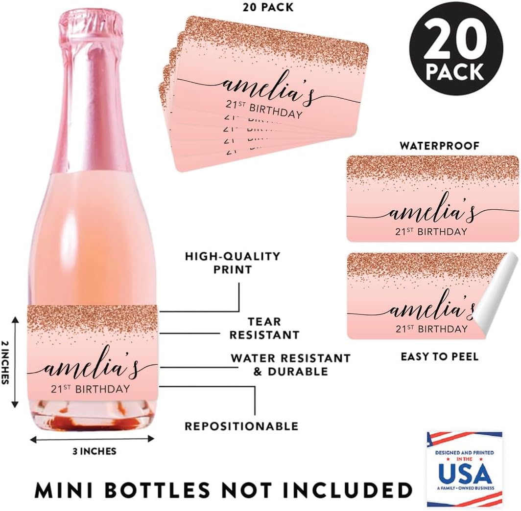 Andaz Press Personalized Mini Champagne Wine Bottle Labels, Birthday Blush Pink Faux Rose Gold
