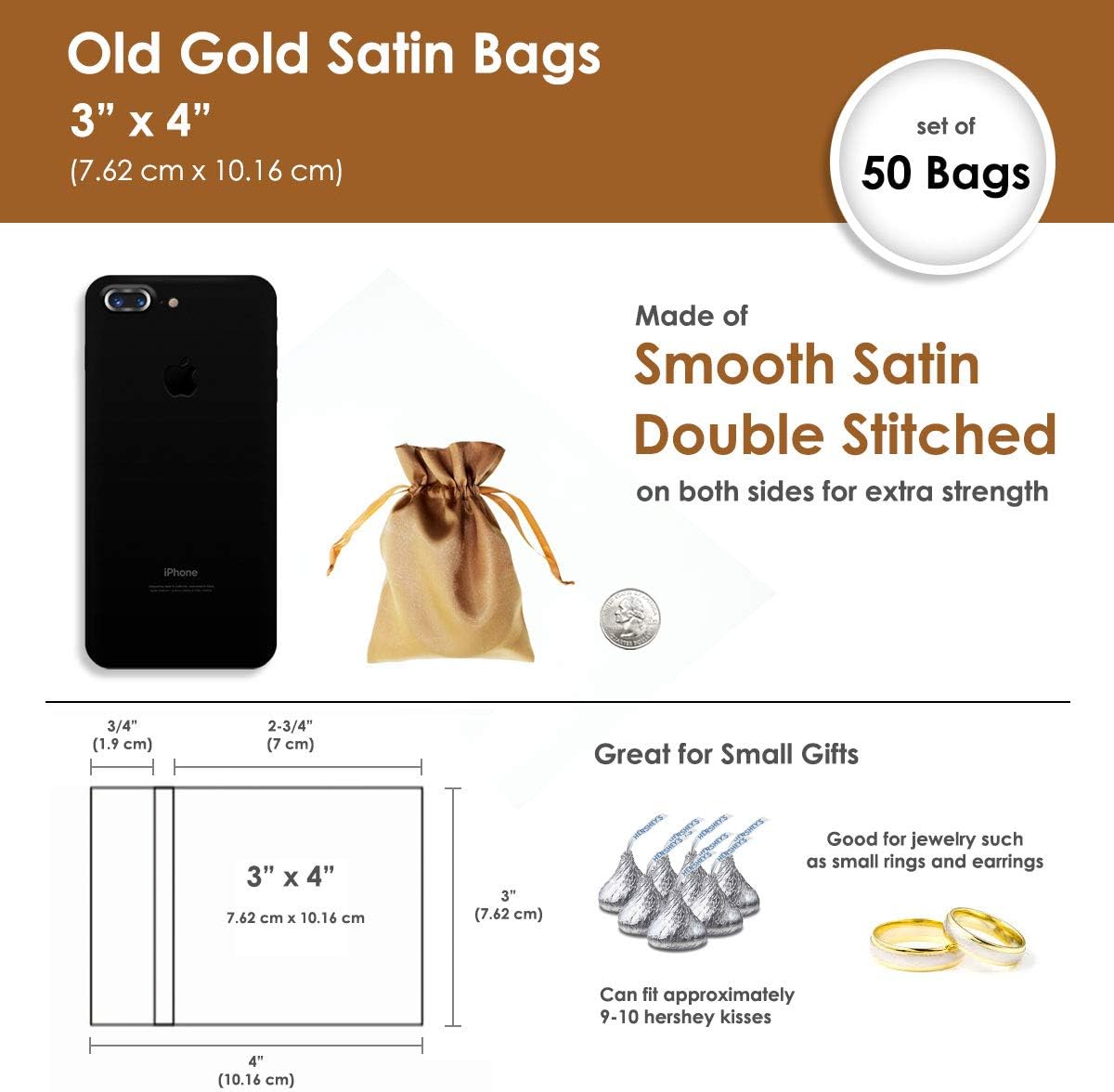 3" x 4" Old Gold Satin Gift Bags, Jewelry Bags, Wedding Favor Drawstring Baby Shower Christmas 50
