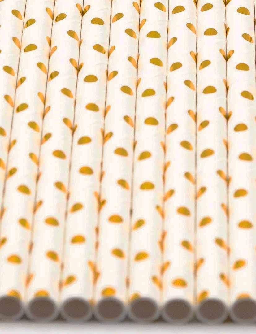 Pack of 300 Gold Polka Dot Foil Biodegradable 4-Ply Paper Drinking Straws (Compostable, Non-toxic