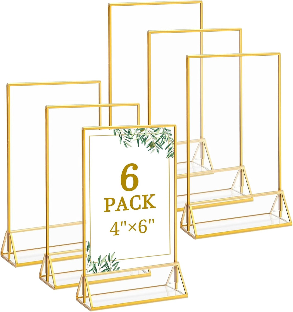 Floroom 6 Pack 4x6 Inch Clear Acrylic Sign Holders, Double-Sided Gold Display Stand Picture Frames