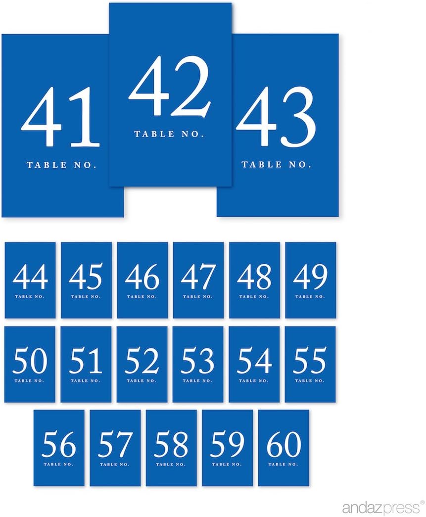 Andaz Press Royal Blue Table Numbers 41-60, 4x6-Inch Table Number Cards, Perfect for Wedding