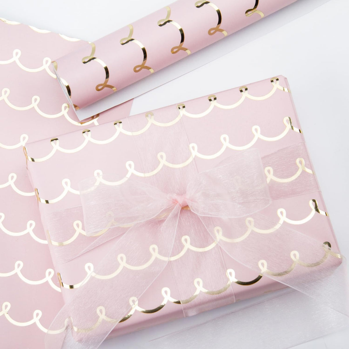 WRAPAHOLIC Pink Wrapping Paper Roll - Mini Roll - 17 Inch x 33 Feet - Metallic Foil Chic Classic