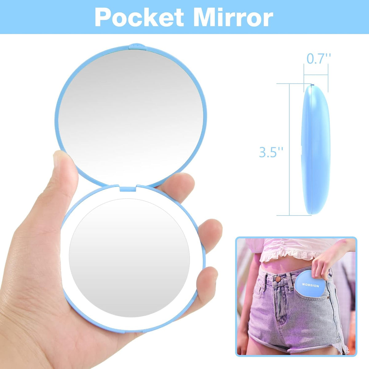 WOBSION Travel Compact Mirror,Portable 1x/10x LED Makeup Mirror with Magnification,Handheld 2-Sided