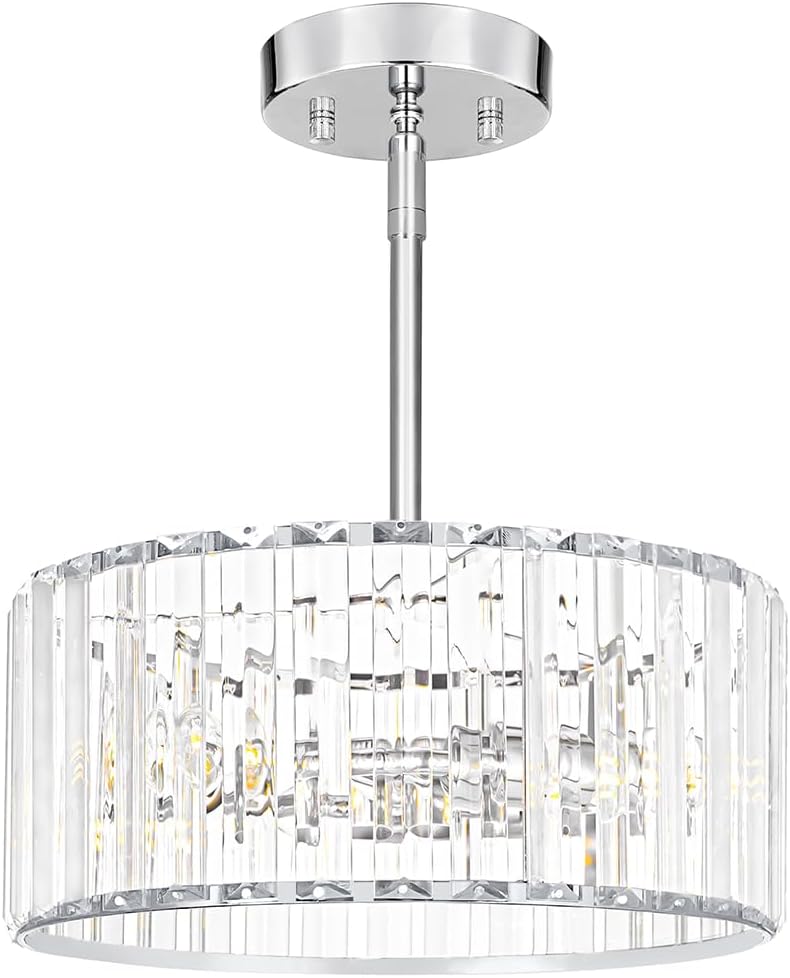 Modern Crystal Chandelier for Dining Room, Chrome Semi Flush Mount Ceiling Light Fixtures, Round