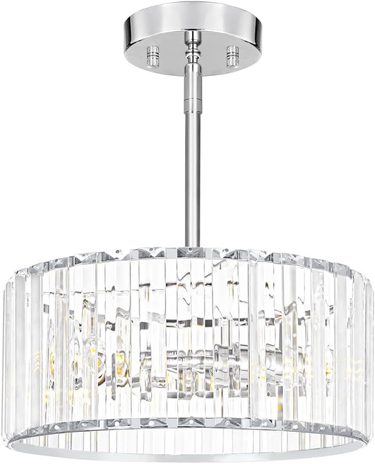 Modern Crystal Chandelier for Dining Room, Chrome Semi Flush Mount Ceiling Light Fixtures, Round