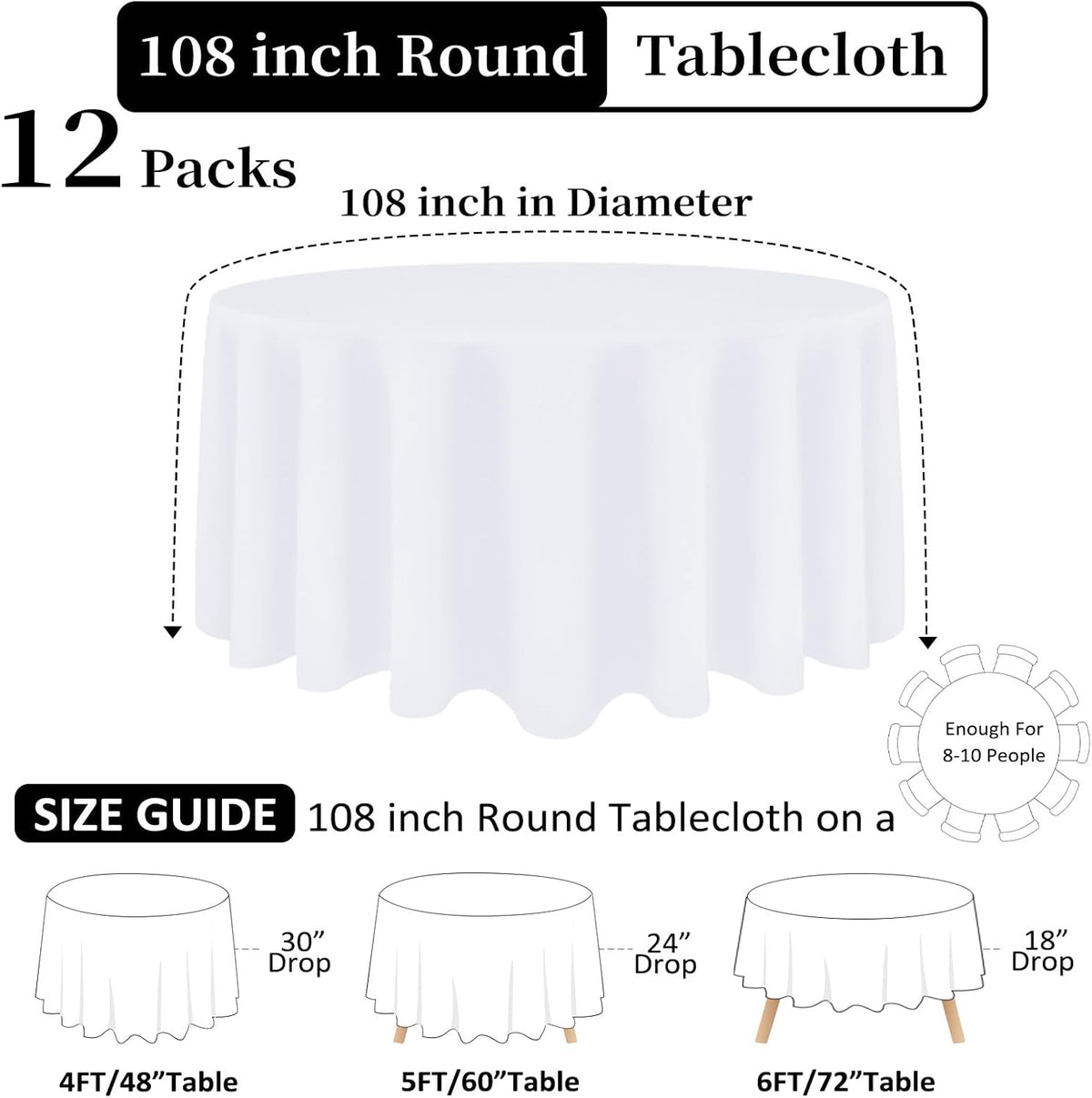 12 Pack White Round Tablecloth 108 Inch White Table Cloth Stain and Wrinkle Resistant Round White