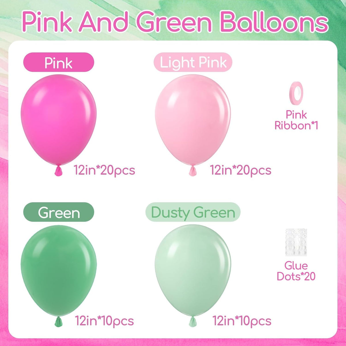 60pcs Pink and Green Balloons 12inch with Light Pink Dusty Green Balloons for Hawaiian Baby Shower