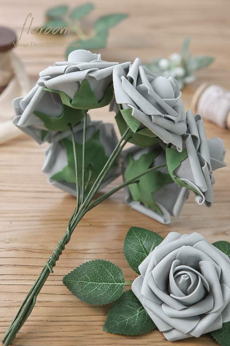 Floroom Artificial Flowers 25pcs Real Looking Silver Grey Foam Fake Roses with Stems for DIY