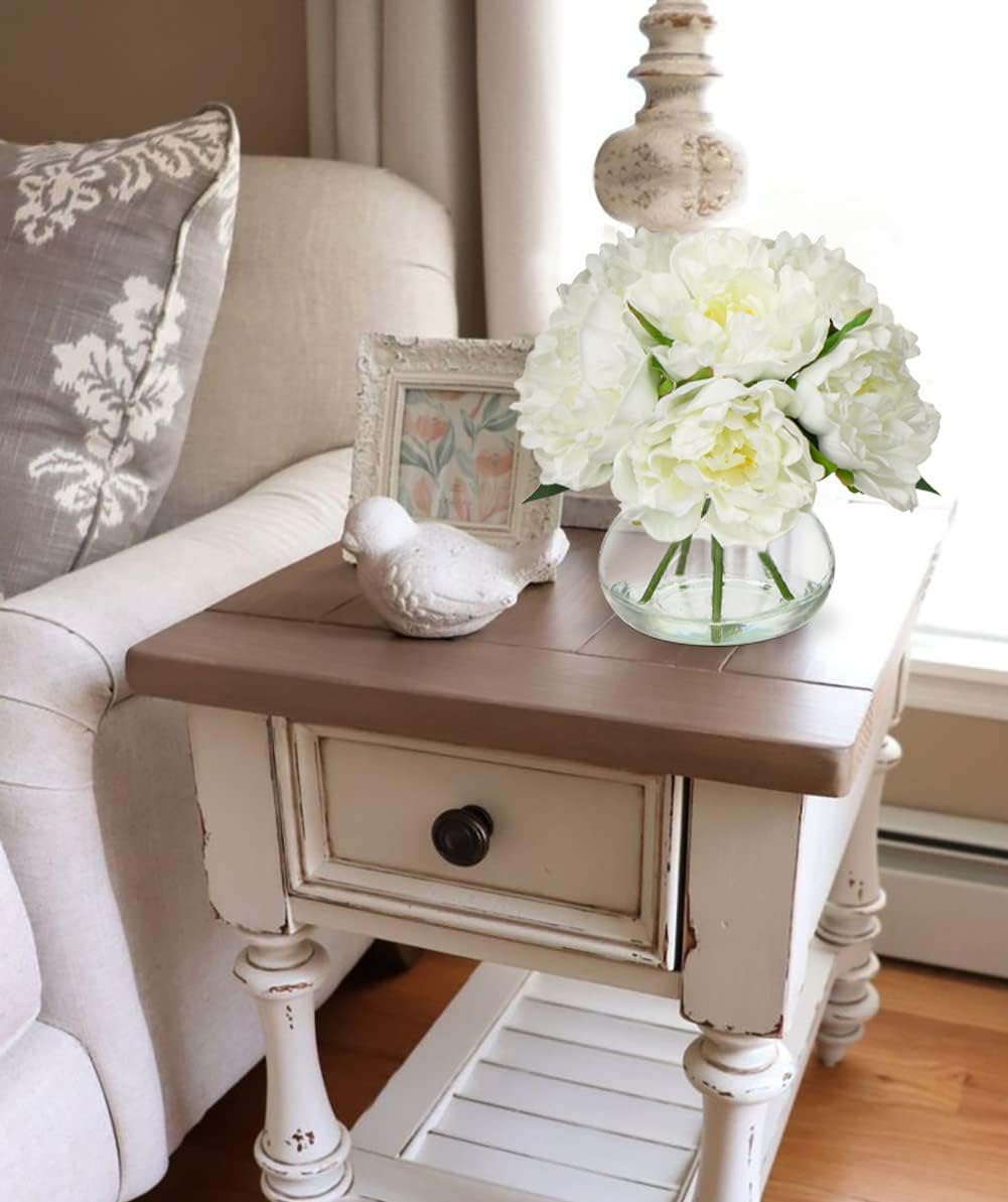 Hollyone Fake Flowers White Peonies Artificial Flowers Faux Flowers with Vase Peony Silk Flower