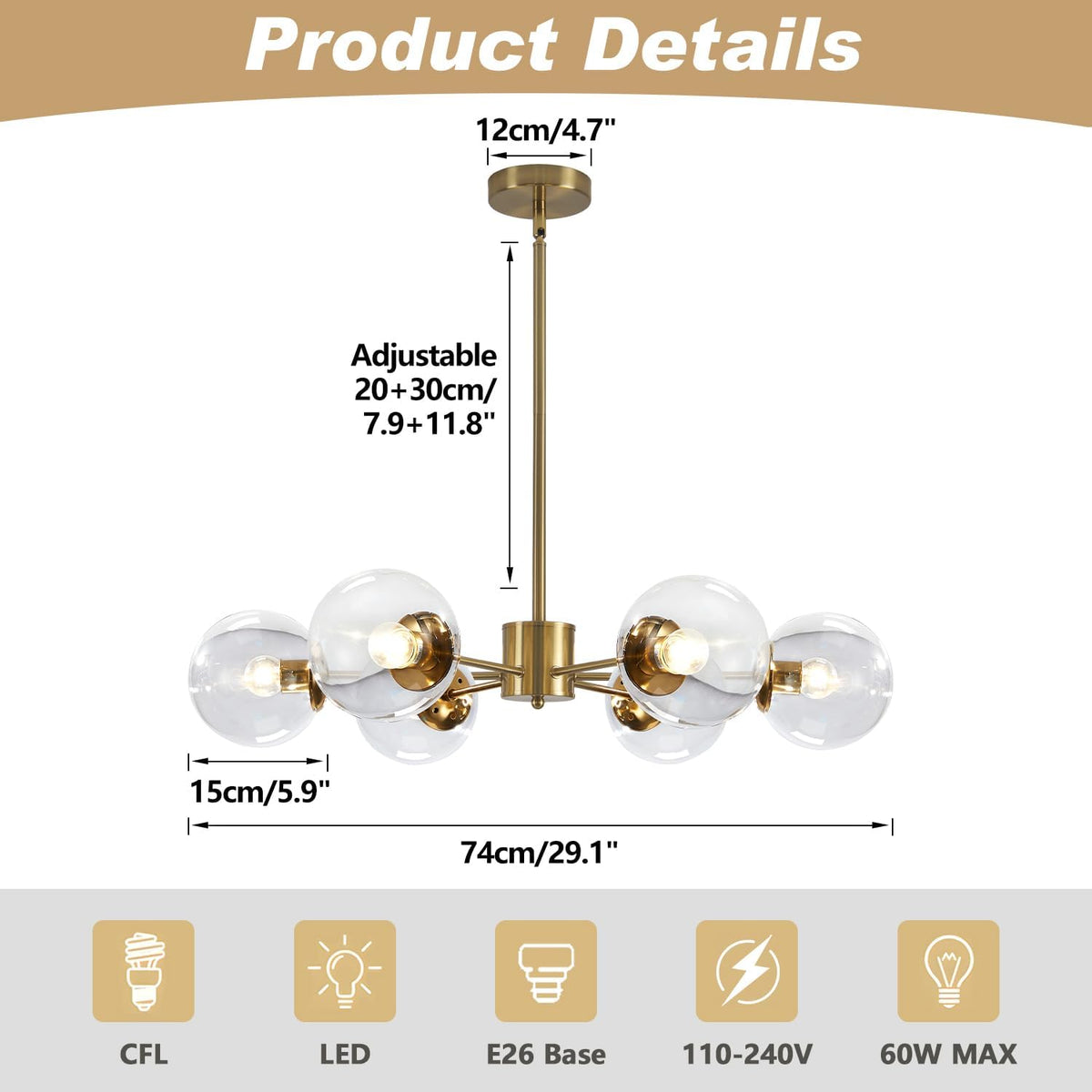 KCO Lighting Modern 6-Light Sputnik Chandelier with Clear Glass Globe Mid Century Adjustable