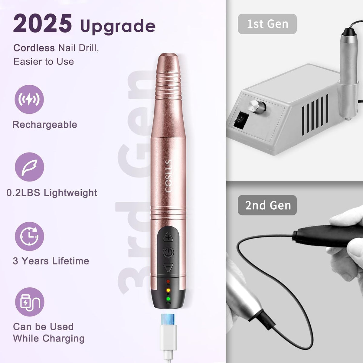 COSLUS Cordless Nail Drill Electric File: Professional for Acrylic Gel Dip Powder Nails Portable