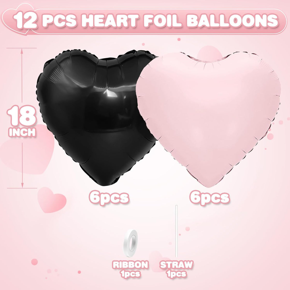 Black and Pink Heart Balloons,12Pcs 18Inch Baby Pink Black Heart Shaped Foil Helium Balloons for