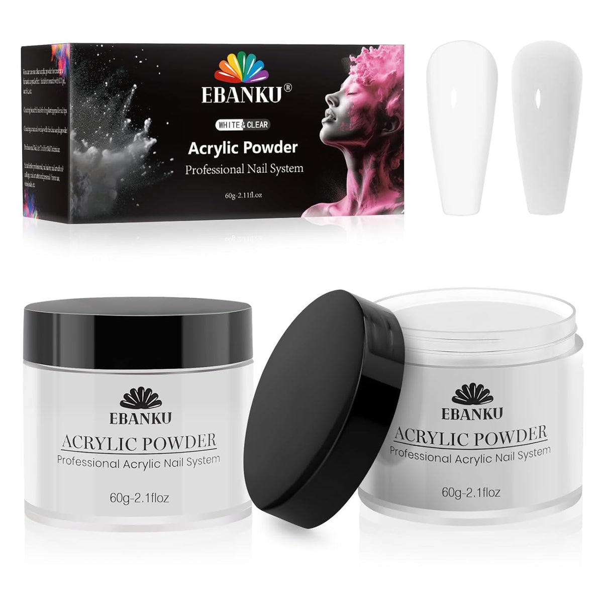EBANKU 2 Colors Acrylic Nail Powder Set, White Clear Acrylic Powder Professional Nail Acrylic