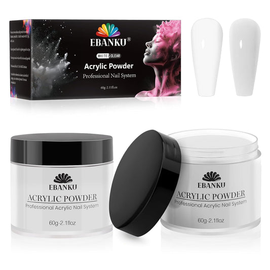 EBANKU 2 Colors Acrylic Nail Powder Set, White Clear Acrylic Powder Professional Nail Acrylic