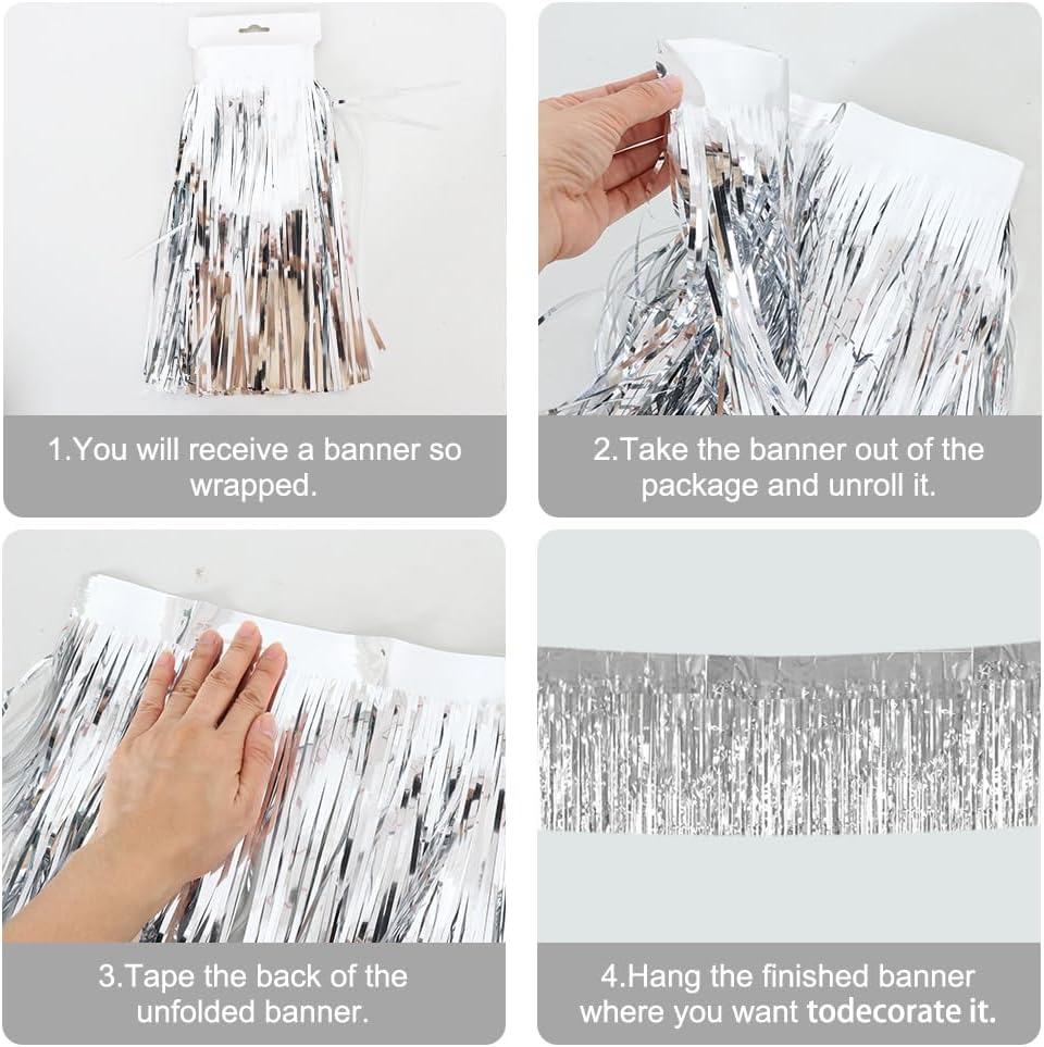 BEISHIDA 3 Packs 30 Feet Metallic Foil Fringe Garland Tinsel Streamers，Shiny Silver Wall Hanging