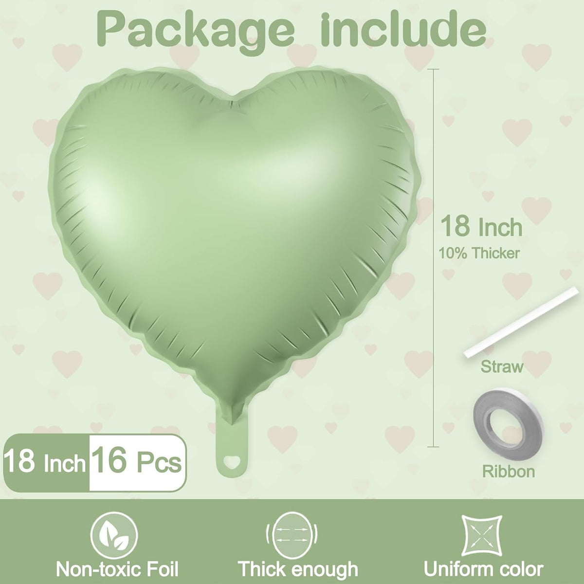 16 Pcs Heart Balloons, 18 Inch Olive Green Love Heart Shaped Foil Balloons for Wedding Anniversary