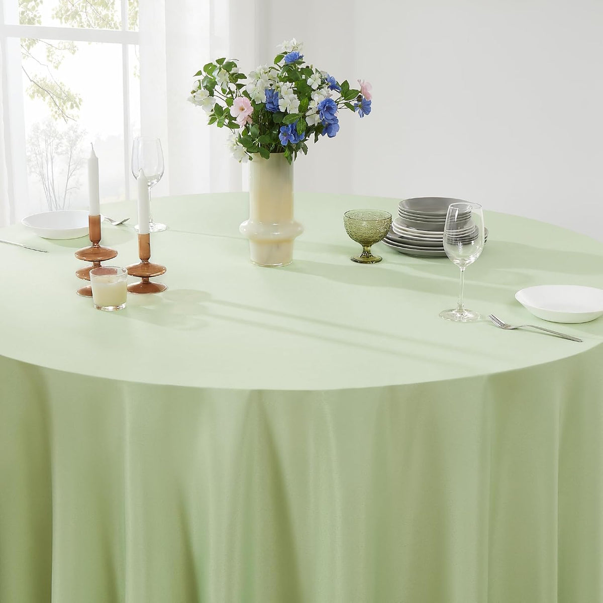 Round Tablecloth 132 Inch 2 Pack Sage Green Tablecloths Washable Decorative Linen Polyester Table