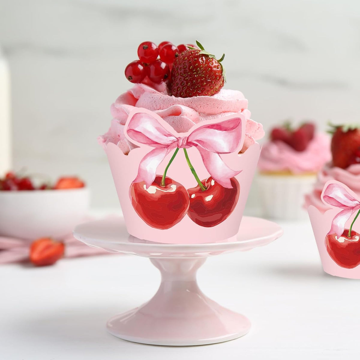 36Pcs Pink Bow Cherry Cupcake Wrappers Pink Red Bowknot Cherry Cupcake Liners Sweet Decorative
