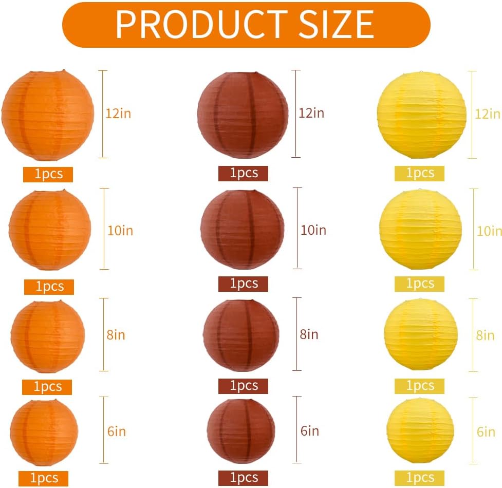 BEISHIDA 12Pcs Fall Orange Paper Lanterns Decorative Yellow Orange Brown Hanging Round Paper