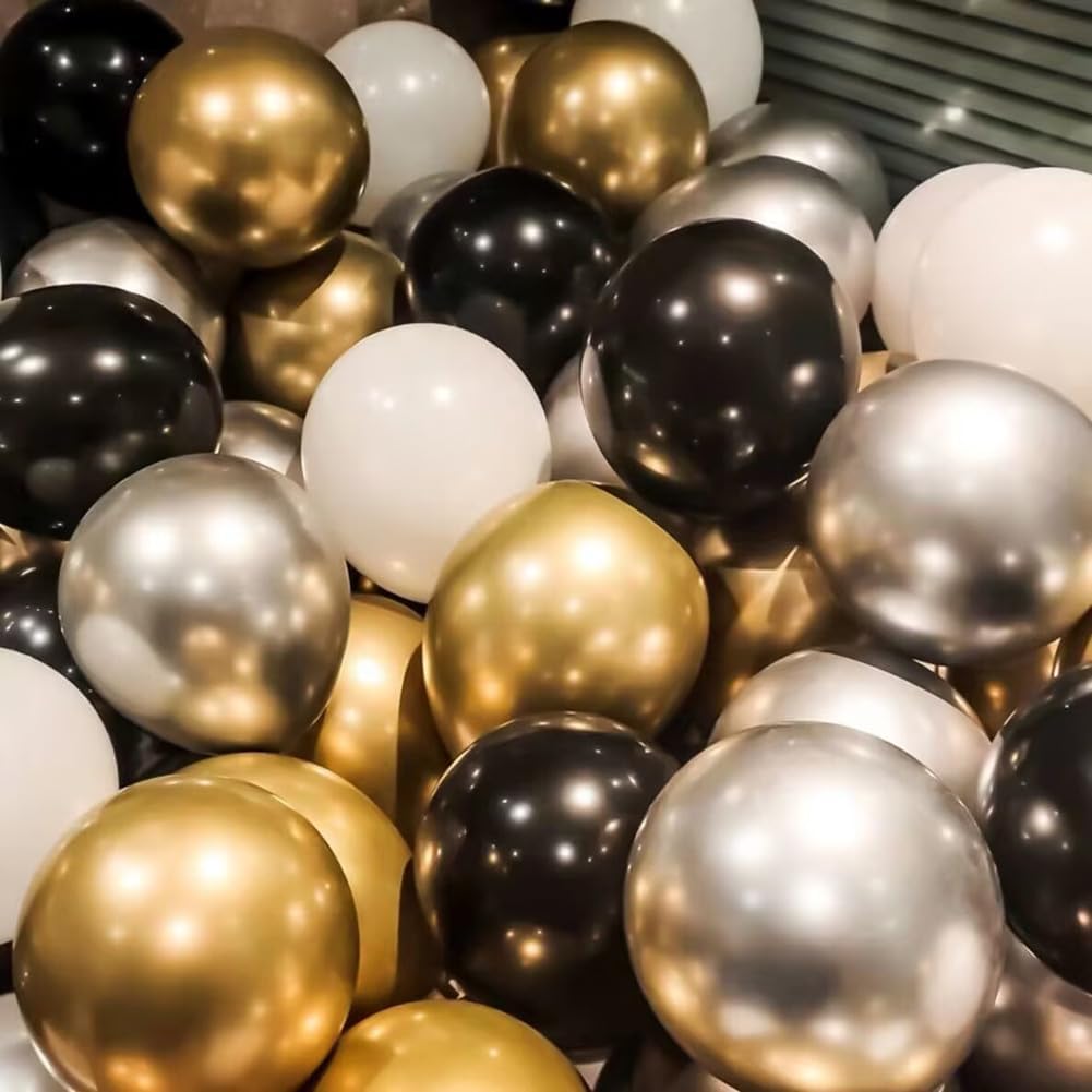300 Pcs Gold Silver and Black White 5 Inch Balloons Metallic Chrome Shiny Assorted Colors Latex