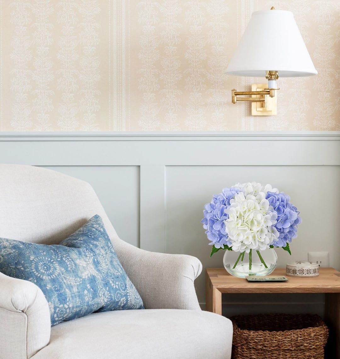 Hollyone Hydrangea Artificial Flowers with Vase White & Blue Silk Fake Flowers Arrangements in