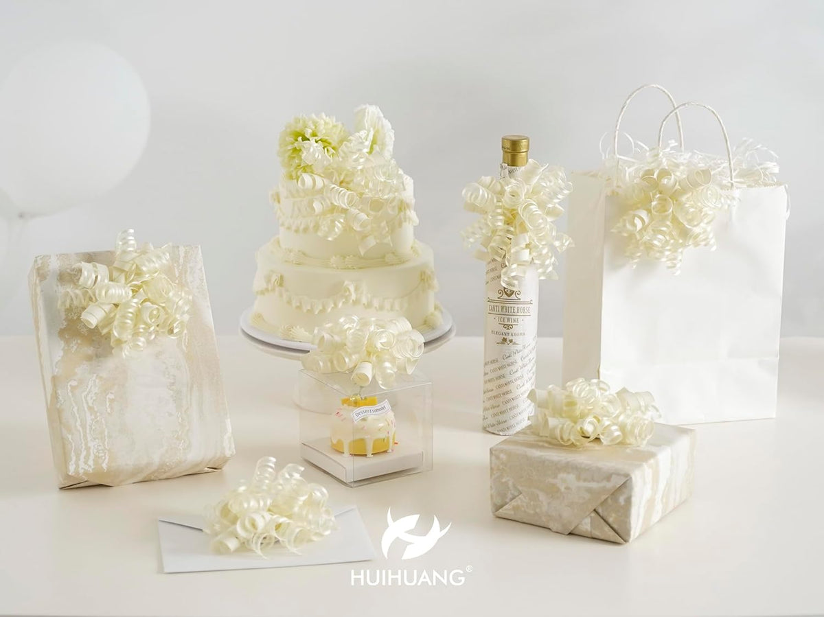 HUIHUANG Gift Wrapping Bows Gift Wrap Accessory Ivory Curly Ribbon Bow 5 inch x 8 Counts Stick On