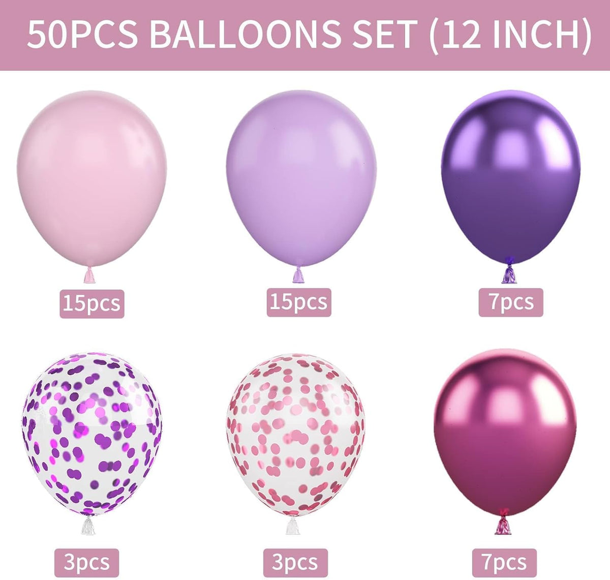 Pink and Purple Balloons, 50PCS 12 Inch Confetti Balloons, Metallic Purple Pink Latex Balloons with