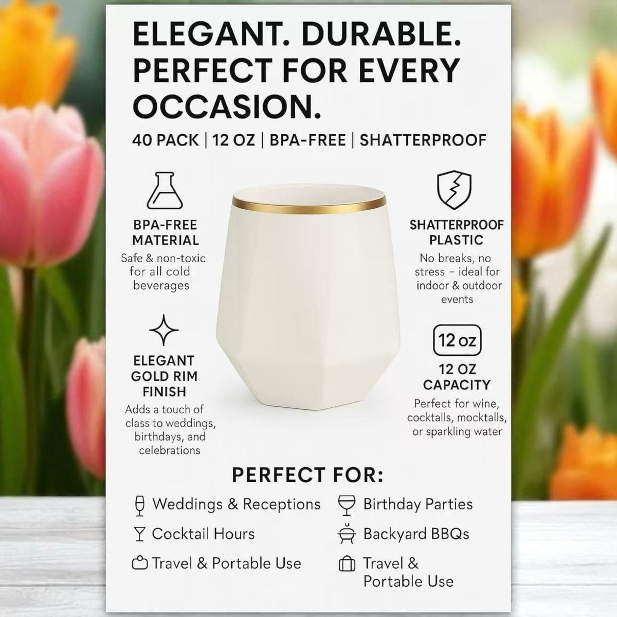 40 count Diamond Unbreakable Stemless Plastic Wine Champagne Whiskey Glasses Elegant Durable