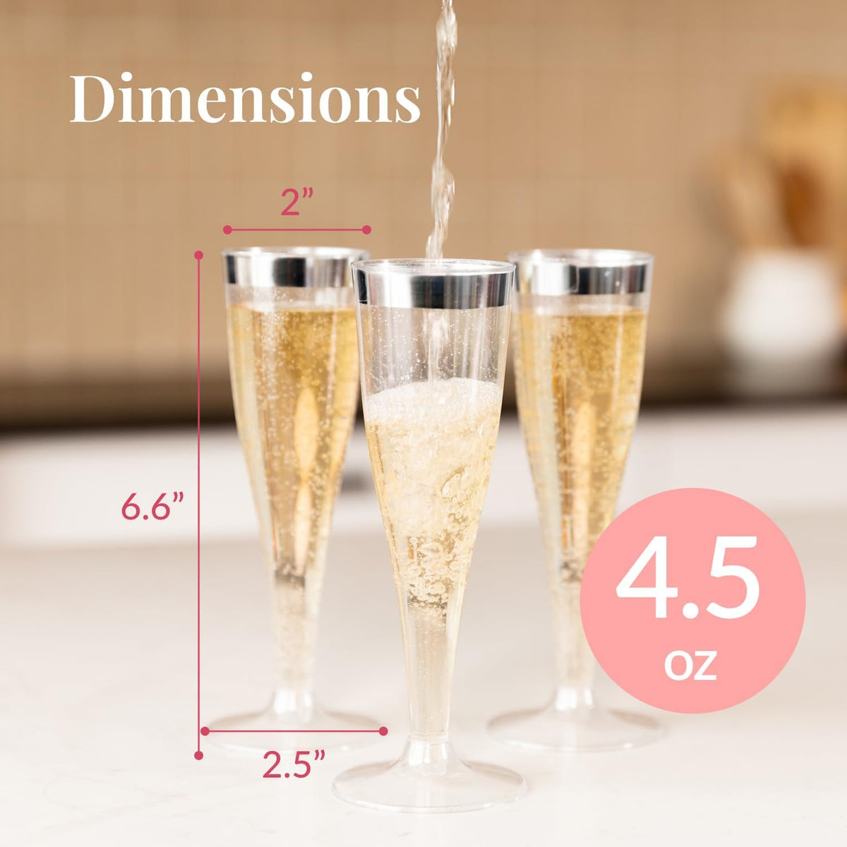 Prestee Set of 24 Silver Glitter Plastic Champagne Flutes - 4.5 oz Capacity - Shatterproof Durable