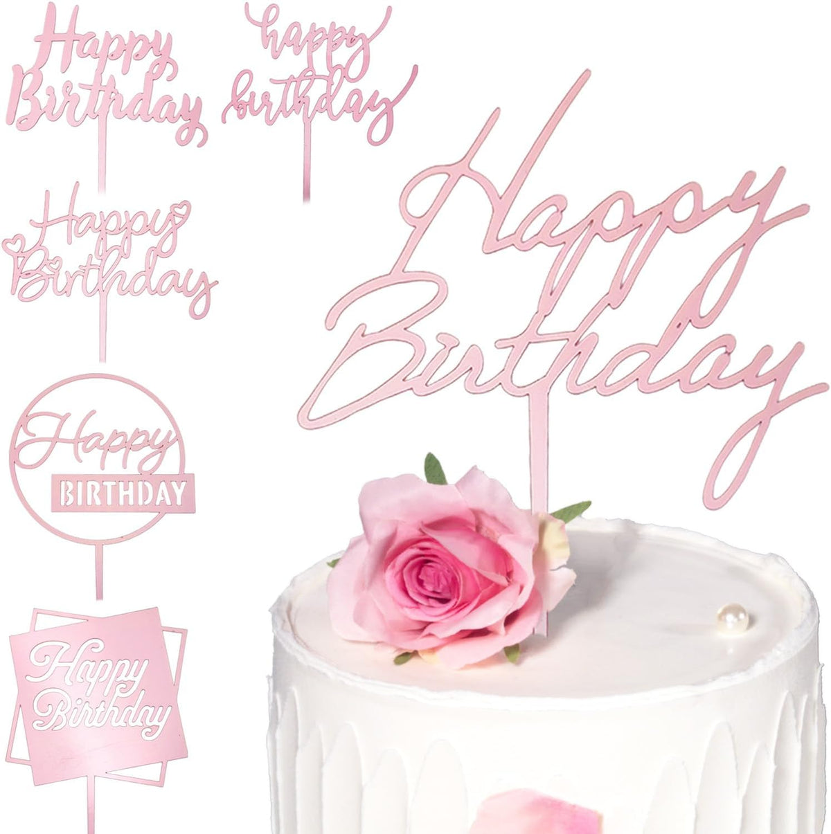 6-Pack Acrylic Birthday Cake Toppers, Minimalist Pink Happy Birthday Sign for Cake Decorations