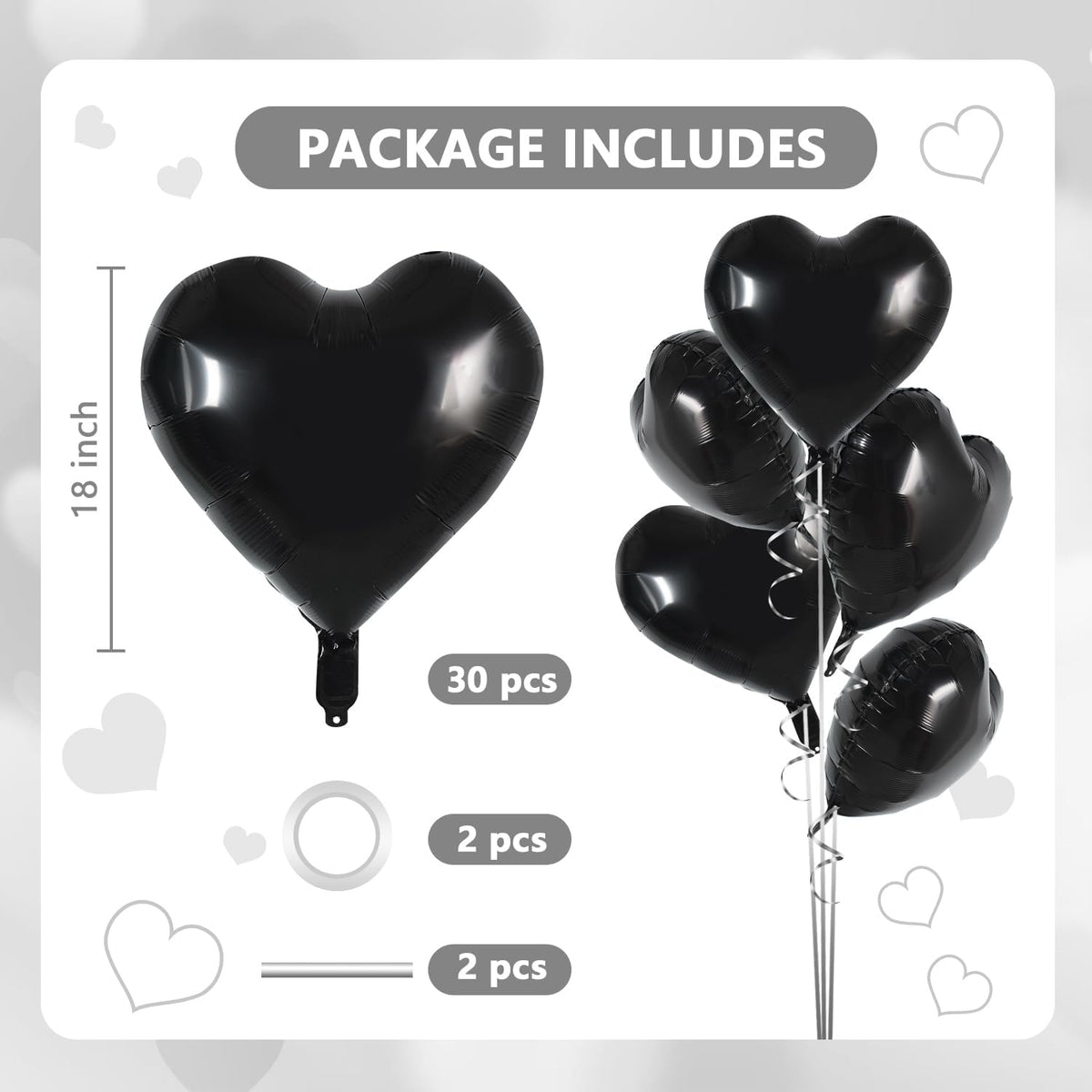 TONIFUL 30Pcs 18 Inch Black Heart Balloons Black Heart Shape Foil Mylar Balloons Decoration for