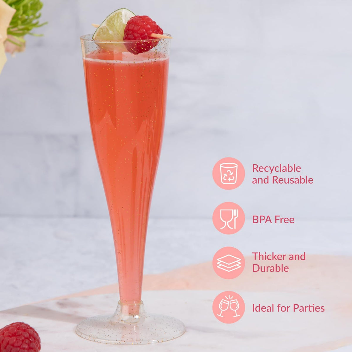 Prestee 200 Disposable Champagne Flutes Gold Glitter Glasses - 4.5 Oz Plastic Champagne Cups for