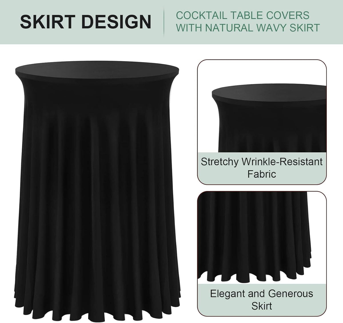 Cocktail Table Covers - 3 Pack 32"x 43" Black Cocktail Table Tablecloth with Natural Wavy Round