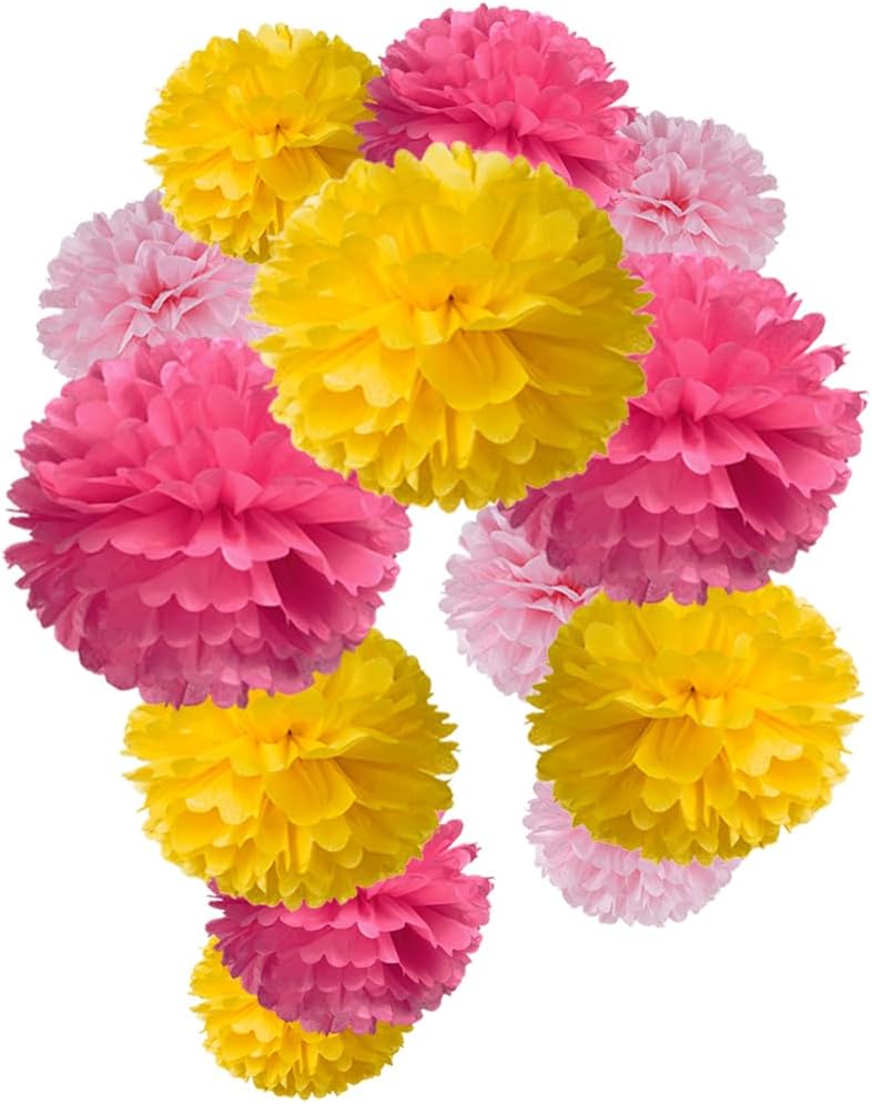Hot Pink Yellow and Pink Tissue Paper Pom Poms Flower for Baby Shower Spring Summer Birthday