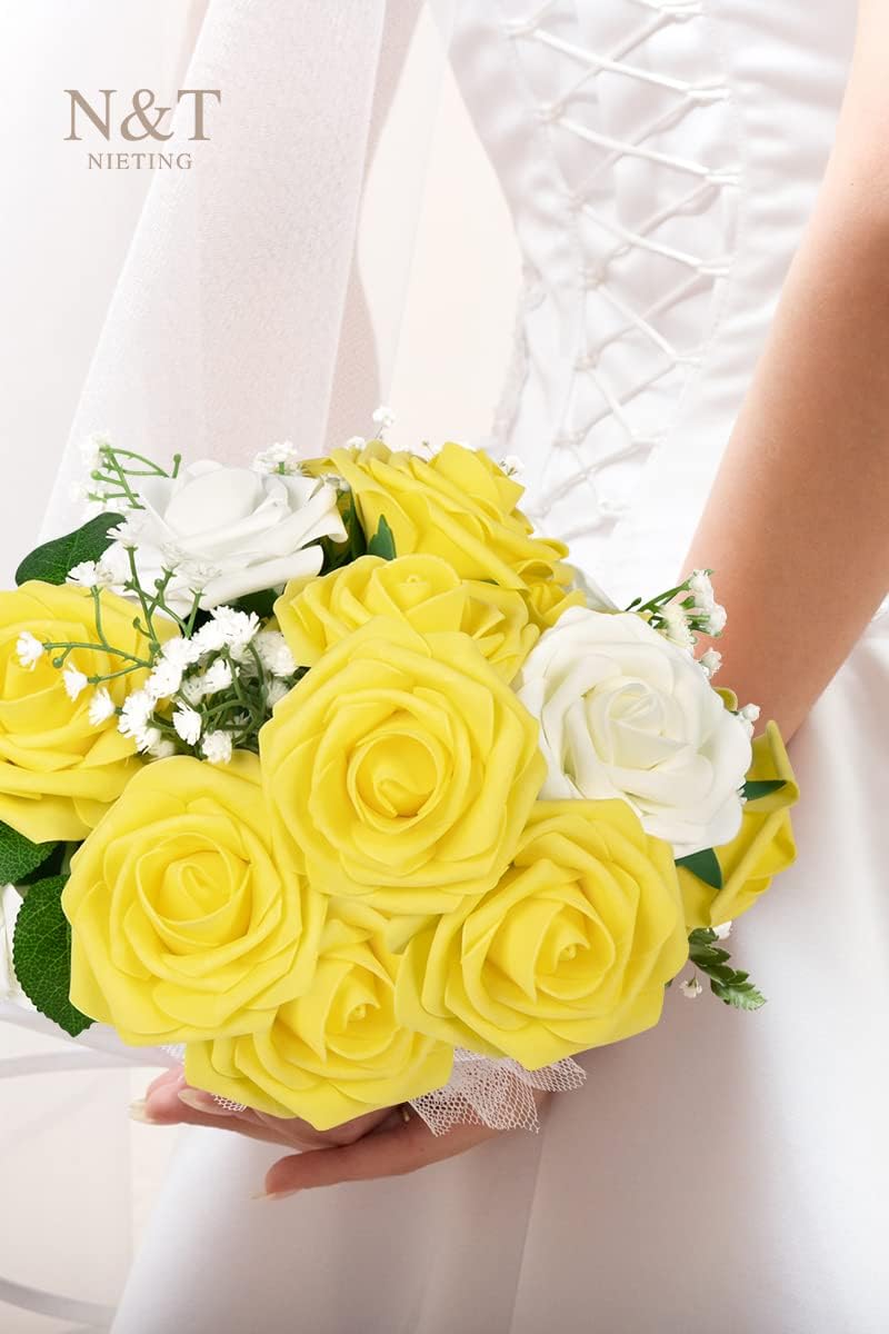 N&T NIETING Artificial Flowers Yellow Roses, 50 Pcs Fake Flowers Foam Roses Perfect for DIY Wedding