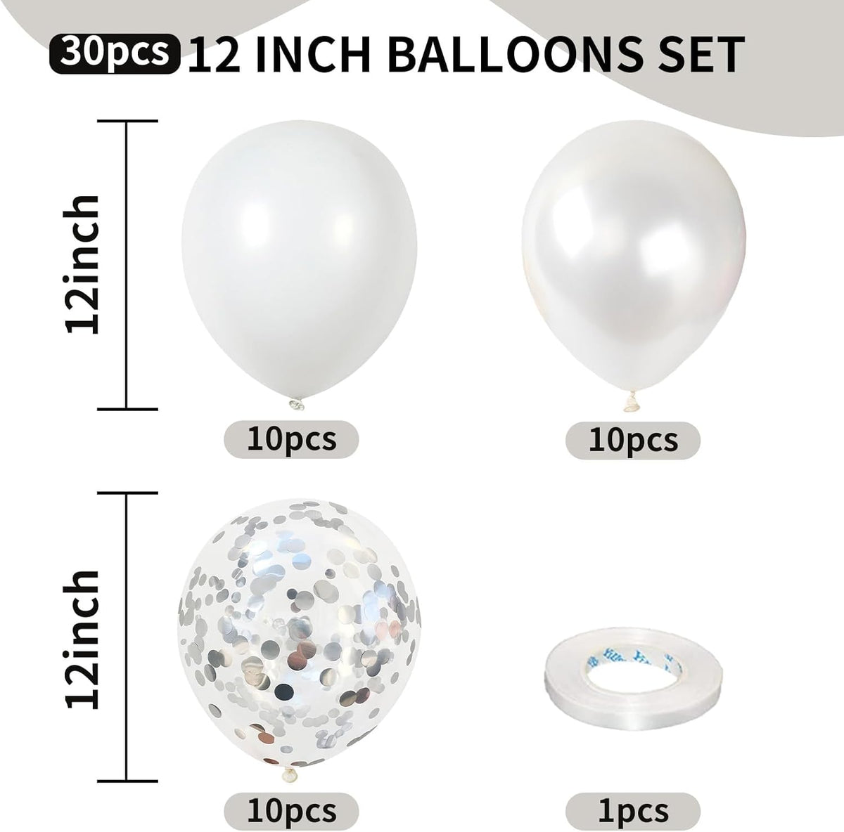 White Balloons, 12 Inch Pearl Pure White Ivory Latex Balloon with Silver Confetti Balloons for Boho