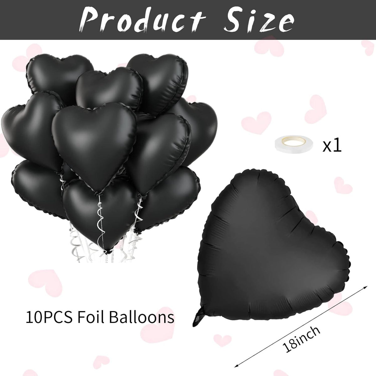 Foil Heart Balloons - 10 Black Heart Shaped Balloons, 18inch Metallic Foil for Valentines Day