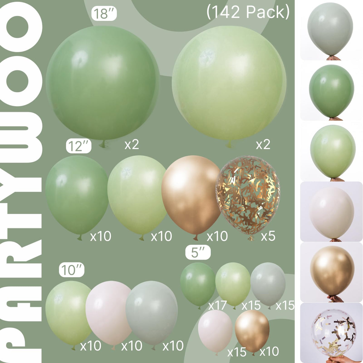 PartyWoo Sage Green Balloon Arch Kit 142pcs Dusty Boho Green Balloons