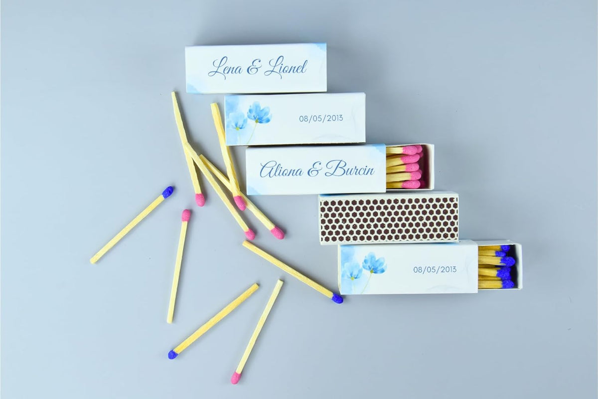 Custom Matchboxes - Set of 10 - Personalized - 2" Inch Long - Colorful Matchsticks - Weddings