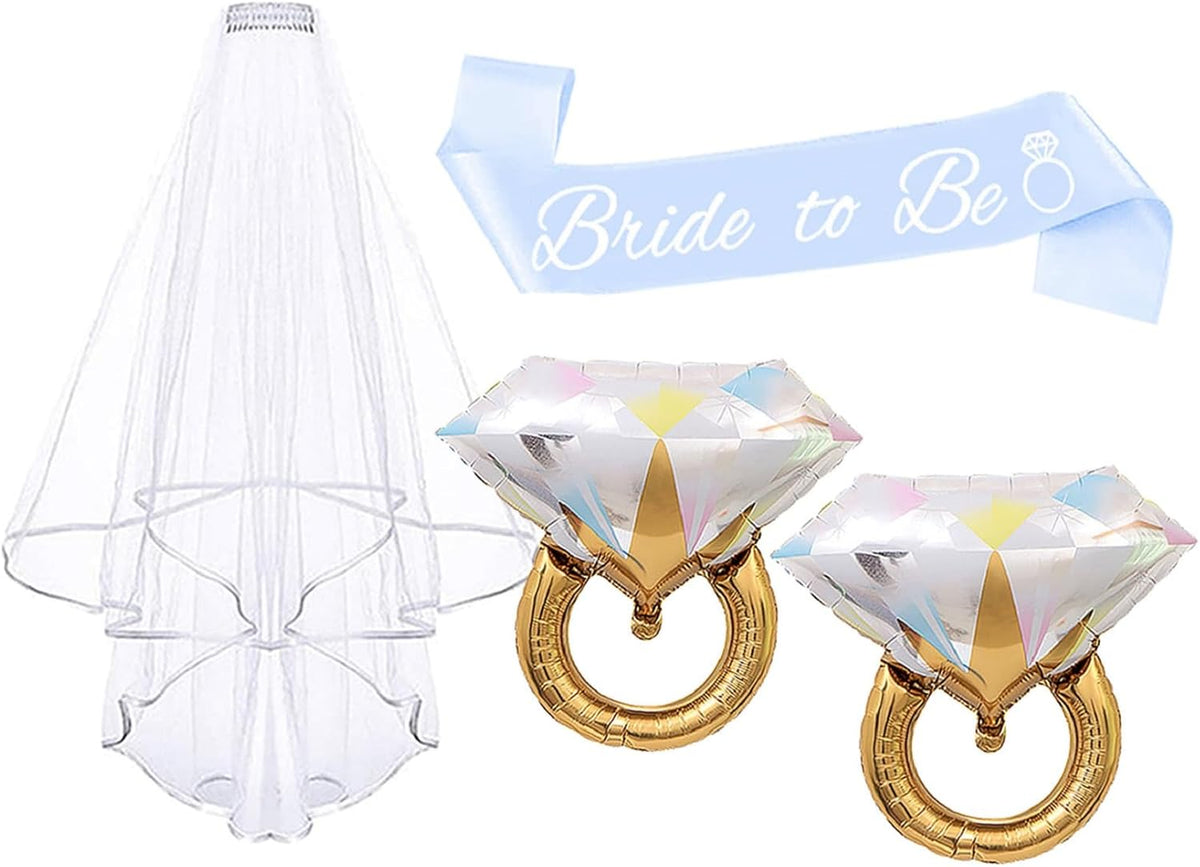 4PCS Bride To Be Sash and Veil, Blue Sash and Bachelorette Veils Accessories for Bridal Shower