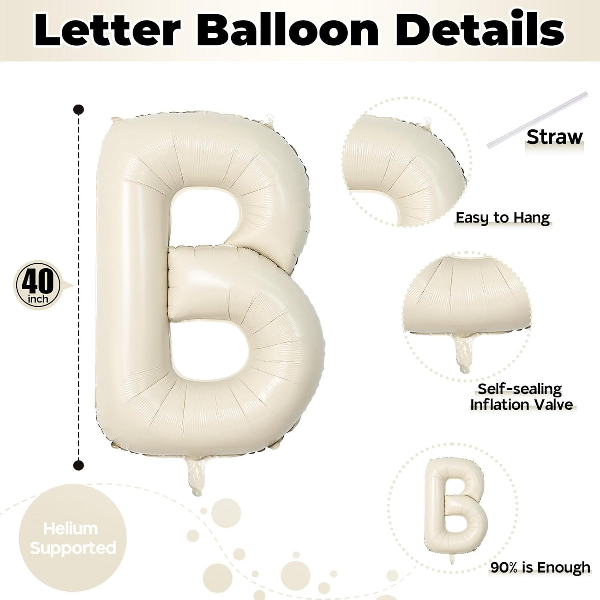 40 Inch Letter Balloons Cream, Big Alphabet B Foil Word Beige, Large Inflatable Name White Decor