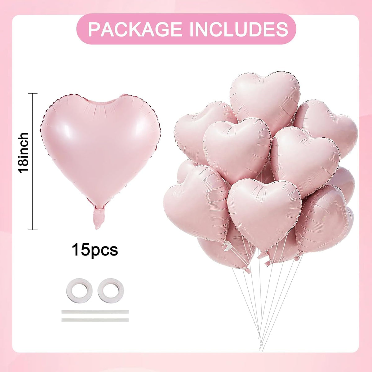 TONIFUL 15Pcs 18 Inch Baby Pink Heart Balloons Pastel Pink Heart Shape Foil Mylar Balloons