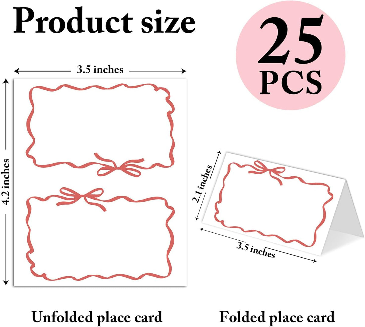 25 Pack Red Bow Wave Place Cards, Editable Name Cards for Table Setting, Tent Cards Food Label for
