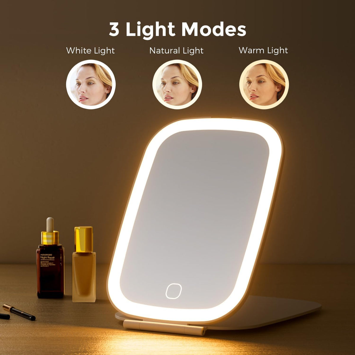 Travel Makeup Mirror, Rechargeable Portable Mirror with Lights, 3 Color Lighting, 7.5 inch Ultra